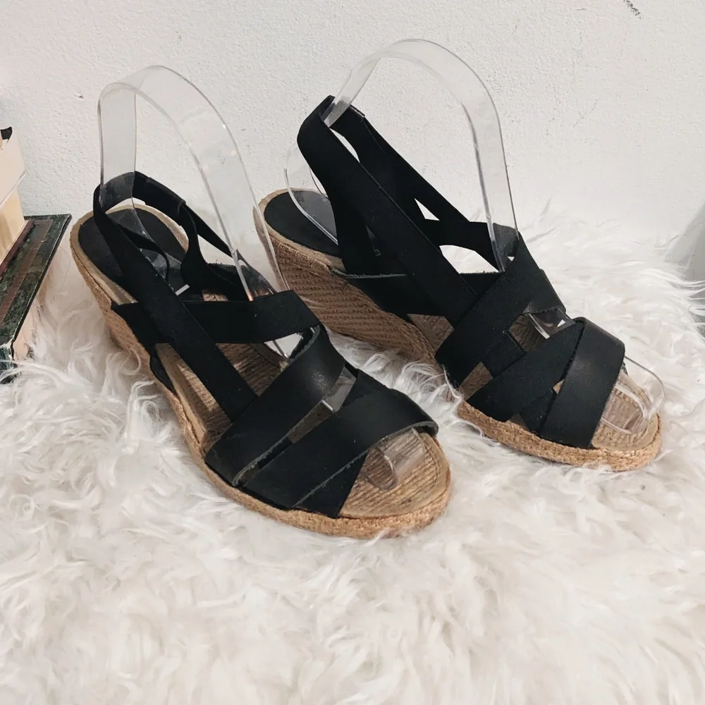 Black Strappy Bandage Espadrilles Wedges Sandals 7.5